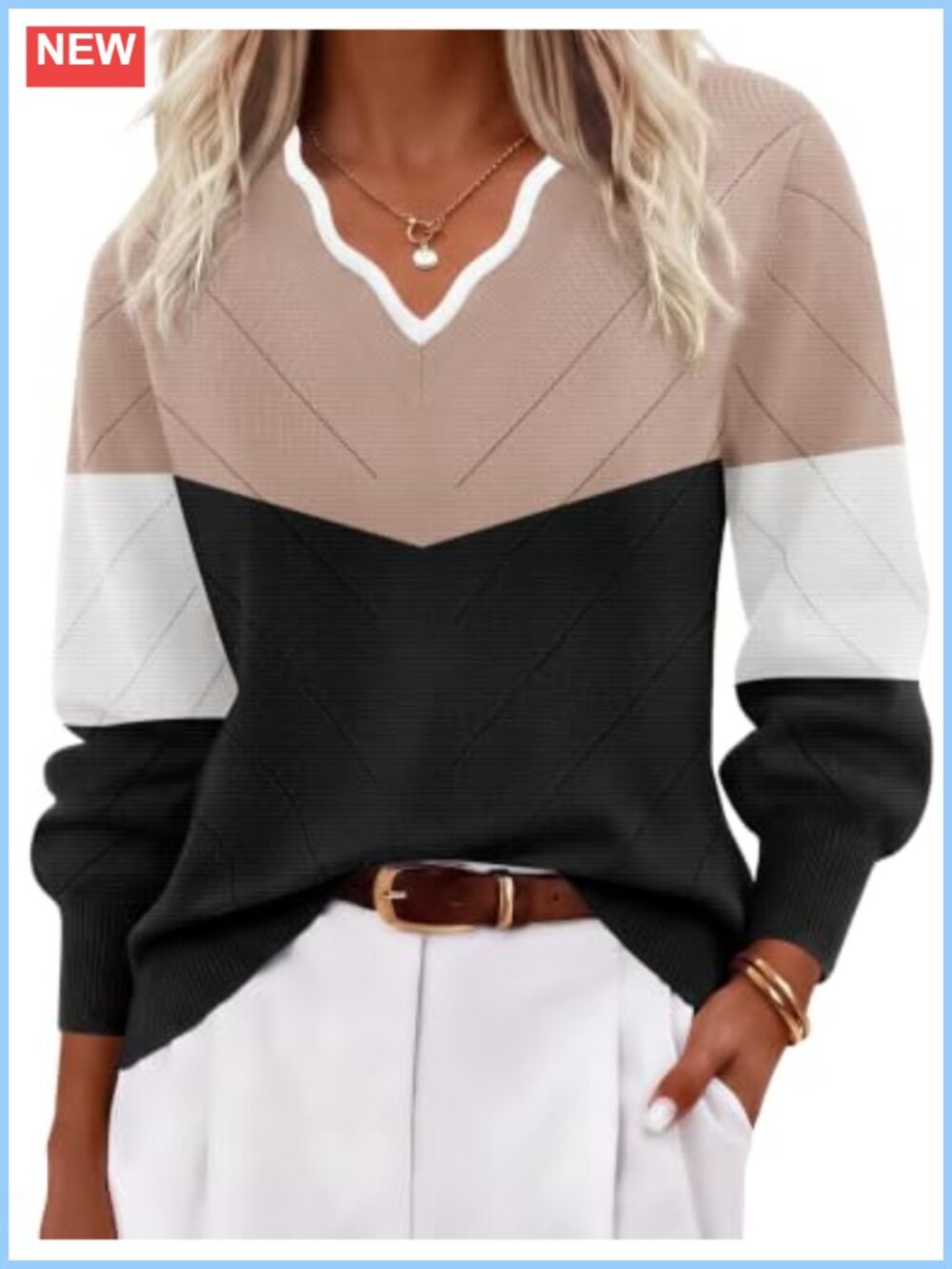 V-Neck Knit Pullover Long Sleeve Color Block